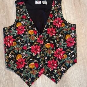 Floral Black Vest with Red and Green Accents
